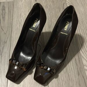 Fendi square toe patent leather and suede heels